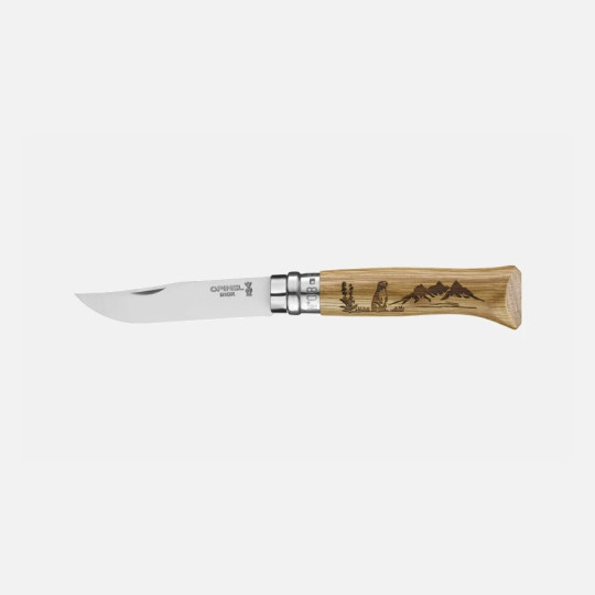 Couteau pliant fermant OPINEL n°8 Tradition gravé Animalia en chêne Marmotte