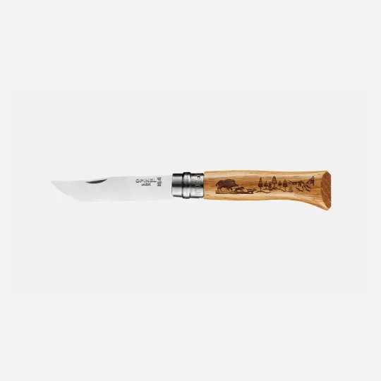 Couteau pliant fermant OPINEL n°8 Tradition gravé Animalia en chêne Sanglier