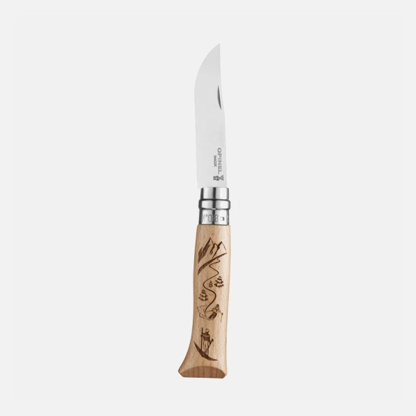 Couteau pliant fermant OPINEL n°8 Tradition gravé sport Ski en hêtre