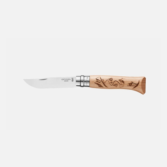 Couteau pliant fermant OPINEL n°8 Tradition gravé sport Ski en hêtre