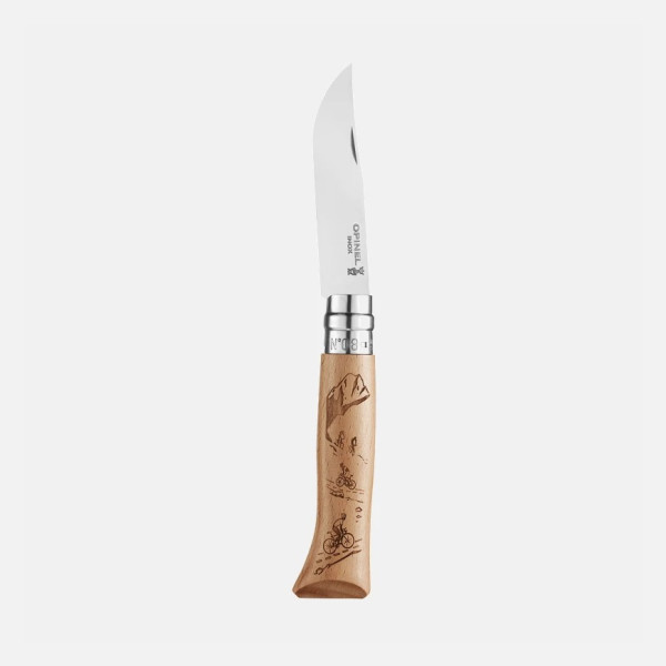 Couteau pliant fermant OPINEL n°8 Tradition gravé sport Vélo en hêtre