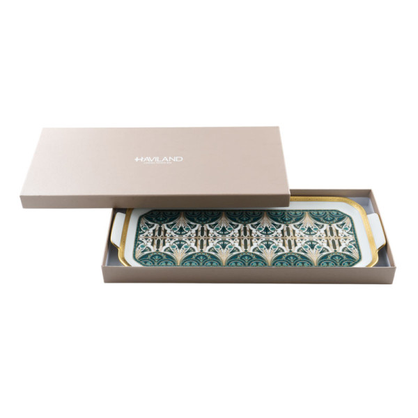 Plat à cake HAVILAND Rêves du Nil vert or en porcelaine 39cm