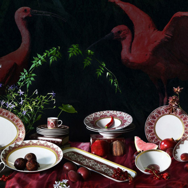 Plat à cake HAVILAND Rêves du Nil pourpre or en porcelaine 37cm