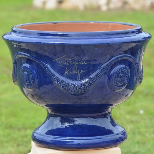 Coupe d'Anduze poterie TERRE FIGUIERE émaillée Bleu foncé H.48cm