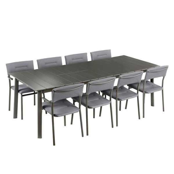 Ensemble LAFUMA MOBILIER table de repas extensible et 8 fauteuils de jardin Oron ALU 8-10 personnes GRIS SILVER