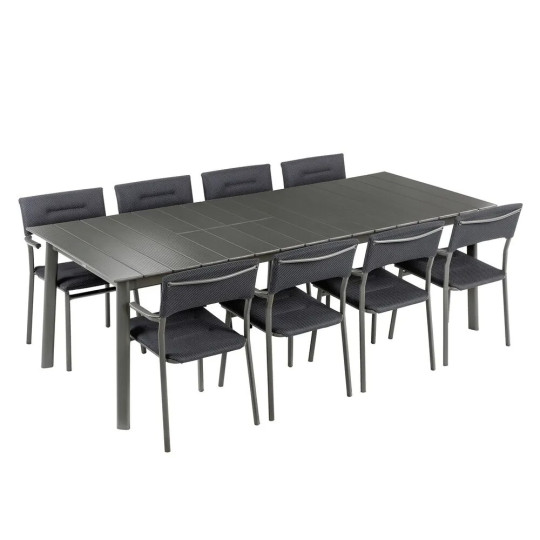 Ensemble LAFUMA MOBILIER table de repas extensible et 8 fauteuils de jardin Oron ALU 8-10 personnes GRIS DARK GREY
