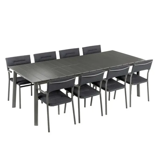 Ensemble LAFUMA MOBILIER table de repas extensible et 8 fauteuils de jardin Oron ALU 8-10 personnes GRIS DARK GREY
