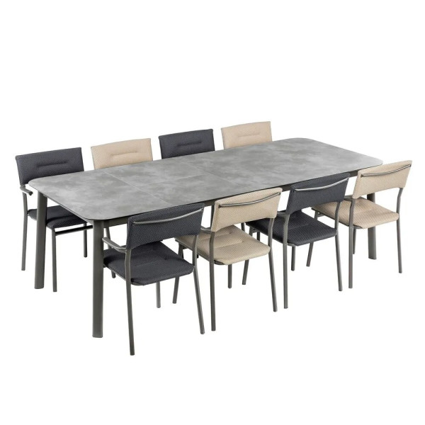 Ensemble LAFUMA MOBILIER table de repas extensible et 8 fauteuils de jardin Oron HPL 8-10 personnes GRIS CIMENT