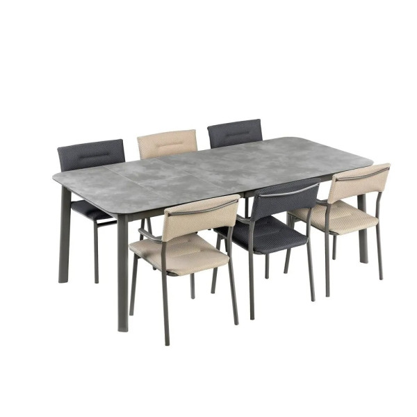 Ensemble LAFUMA MOBILIER table de repas extensible et 6 fauteuils de jardin Oron HPL 6-8 personnes GRIS CIMENT