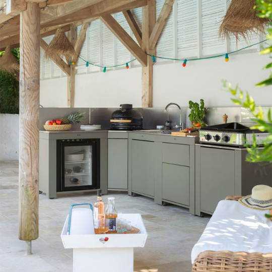 Ensemble cuisine ENO Comfort 5 modules - coloris Sauge cuisine d'extérieur