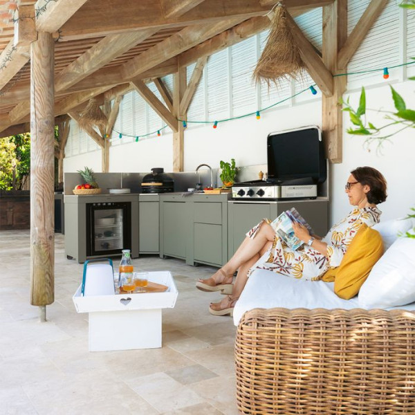 Ensemble cuisine ENO Comfort 5 modules - coloris Sauge cuisine d'extérieur