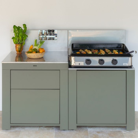 Meuble cuisine ENO Modulo plan de travail tiroirs - coloris Sauge cuisine d'extérieur