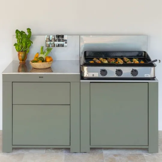 Meuble cuisine ENO Modulo plan de travail tiroirs - coloris Sauge cuisine d'extérieur
